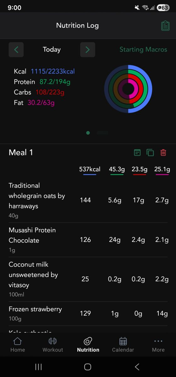 Iron Playground app nutrition tracking screen